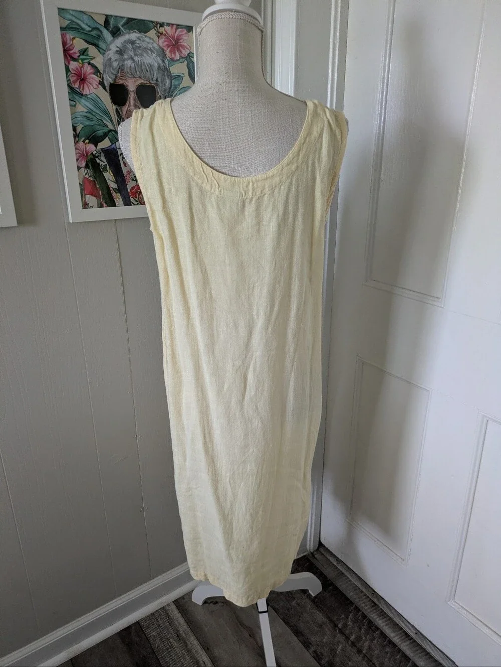 C C Collection Dress Womens M Yellow Midi Sleeveless Linen Floral VTG USA